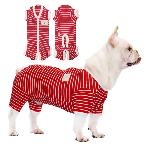 TONY HOBY Dog Pajamas, Female/Male Pajamas 4 Legged Pet Clothes, Dog Jumpsuit with Waffle Stripes for Medium Small Dogs (Red, Boy, XS)