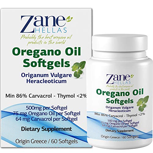 Zane Hellas High Quality Oregano Oil Softgels. Extra Strength. Every Softgel Contains 15% Greek Essential Oil of Oregano. 64 mg Carvacrol per Softgel. 60 Softgels.