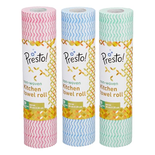 Amazon Brand - Presto! Non-Woven Kitchen Towel Roll | 50 Pulls (Pack of 3) | Size: 30 x 25 cm | Red, Blue & Green | Washable and Reusable | Highly Absorbent | For Daily Use