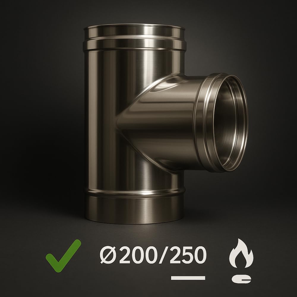 FORTUNATO Raccordo a T 90° Doppia Parete in Acciaio Inox AISI 316, Isolamento Termico, Collegamento a 90° per Canna Fumaria, Efficienza Scarico Fumi (Ø 200/250 mm)