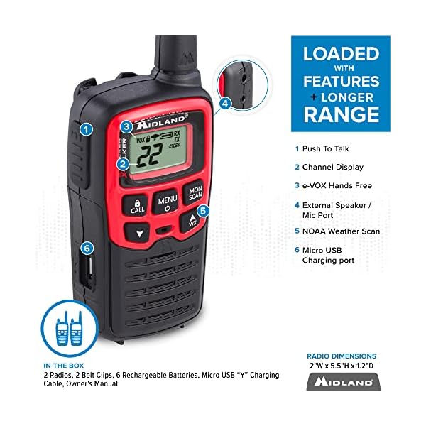 Midland® - T31VP - X Talker - 22 Channel FRS Walkie Talkies - Extended Range Two-Way Radios, 38 Privacy Codes, & NOAA Weather Alert - Set of 2 - Black/Red - Image 5