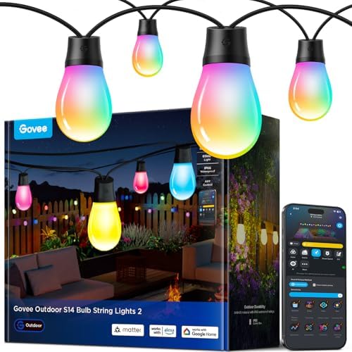 Govee Bombilla Inteligente para Exterior,15M LED RGBIC Blanco Cálido de Patio WiFi, Funcionan con Alexa, IP66 Resistente al Agua, 111 Modos de Escena,...