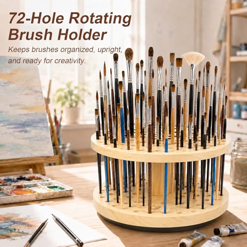 Image of 72 Hole 360 Rotating Hardwood Paint Brush Holder Organizer