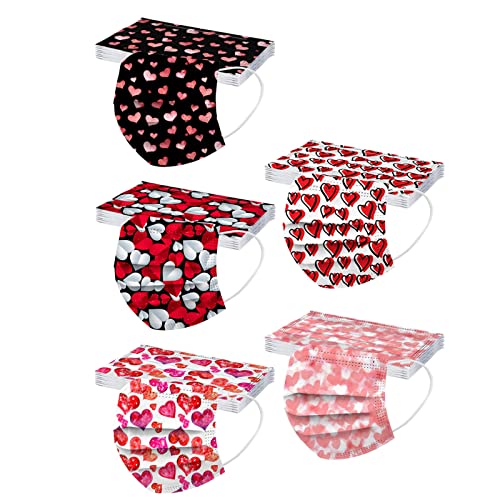 50Pcs Valentines Masks Disposable for Women Graphic Holiday Adult Red Heart 2024 Disposable 3 Ply Earloop Face Masks