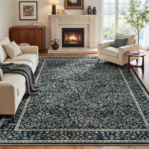 Lofus Black Area Rug 9x12, Washable Large Living Room Rugs Non Slip Low Pile, Boho Floral Carpet for Kitchen Bedroom Dining Room Nursery Home Office, Vintage Farmhouse Forest-Themed Area Rugs