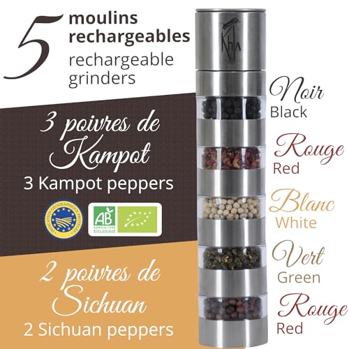 Khla - Coffret 5 Moulins à Poivres du Mékong - Coffret Cadeau - Poivres de Kampot & Sichuan - Grands Crus Rares - Poivre du Monde - Moulins Rechargeables - Origine Cambodge & Chine – vue 3