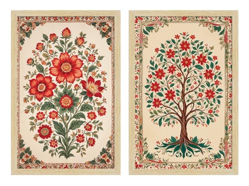 Image of ArtX Paper Floral Art Paintings with Frame for Home Decor, Madhubani Wall Painting for Living Room, Multicolor, Natural Wood Color Frames, Set of 2