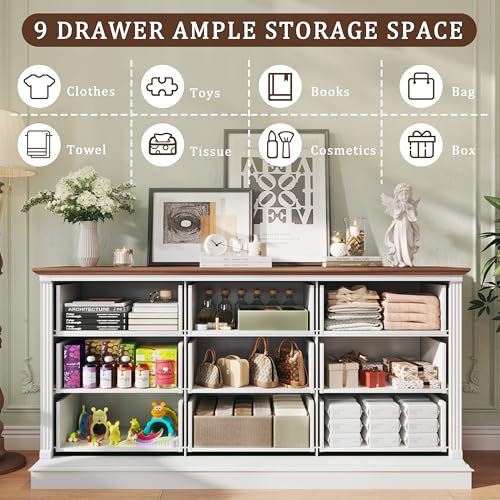 Image of HUAHUU Farmhouse 9 Drawer Dresser for Bedroom, 60 inch Wide Wood Dresser with Roman Column, Chest of Drawers with Antique Bronze Circle Handles, Storage Organizer for Living Room, Hallway, Entryway, White