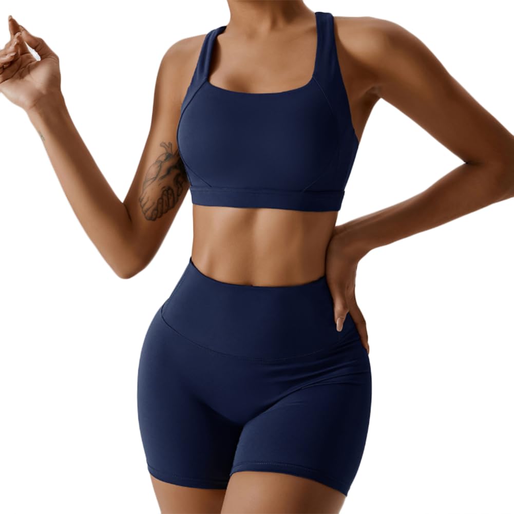 JPXJGT Women Gym Wear Workout Clothing Sports Fitness Bra Yoga Shorts Suit Set.(Size:XL,Color:Dark blue)