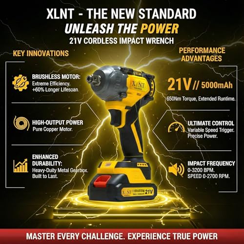 Image of XLNT 21V Brushless Impact Wrench 650Nm High Torque | 1 /2 inch Cordless, 2x10Ah Batteries | 0-2700 RPM, Cr-Mo Sockets, Bits, LED Light | Professional Automotive Heavy Duty Workshop