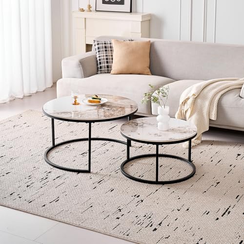 GrandCA HOME Ensemble de 2 Tables Basses Rondes, Tables Gigognes de Salon Modernes, Structure en Métal Noir, 50 cm et 70 cm, en Marbre Pandora et Pierre Frittée