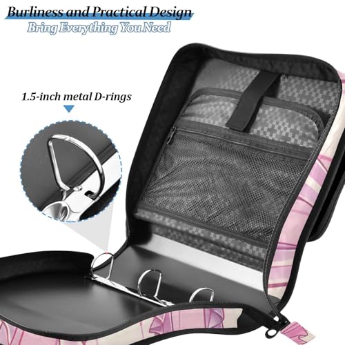 Image of 3 Ring Zipper Binder with Shoulder Strap Bow Tie Pink Buffalo Plaid 1.5 inch Binders Keeper Large Capacity Multi Pockets for School Office Supplies