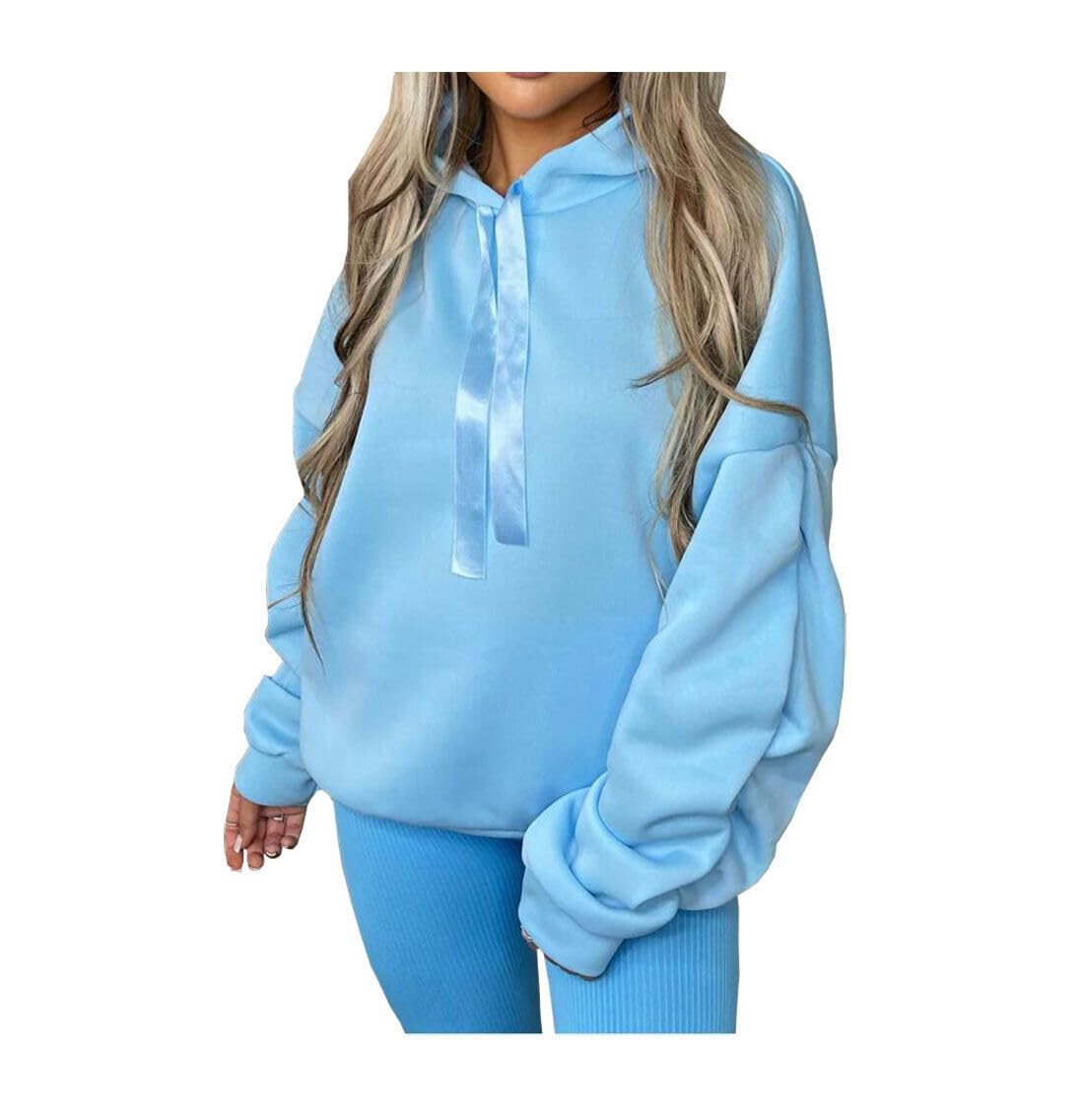 Fairy Boutique Women's Baby Blue Ruched Sleeve Oversized Ribbon Hoodie Hooded Sweatshirt Jumper Top