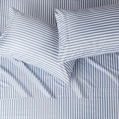 Image of Amazon Basics Lightweight Breathable Super Soft Microfiber 4 Piece Bed Sheet Set, Wrinkle Resistant With 14-inch Deep Pockets - Queen, Dusty Blue Pinstripe, Printed