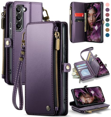 Defencase Compatible with Samsung Galaxy S22 5G Case Wallet with RFID Blocking Card Holder for Women Men PU Leather Magnetic Snap Flip Zipper Strap Wallet Phone Case Fit for Galaxy S22 6.1 Purple