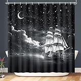 Lokigo Nautical Sailboat Shower Curtain, Marine Theme Sea Ocean Coastal Pirate Ship Anchor Sailor Moon Star Waves Curtains, Waterproof Fabric Shower Curtains Bath Decor, 72" x 72", Black & White