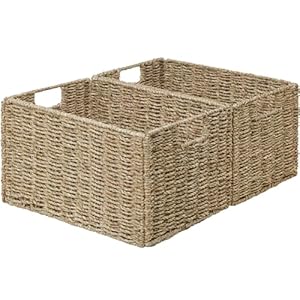 Vagusicc Wicker Storage Basket, Set of 2 Hand-Woven Storage Baskets for Organizing, Small Wicker Basket for Toilet Paper, Foldable Large Cube Storage Organizer Basket Bins for Shelves (Sea Grass) Vagusicc Wicker Storage Basket Set of 2 Hand Woven Storage Baskets for Organizing Small Wicker Basket for Toilet Paper Foldable Large Cube Storage Organizer Basket Bins for Shelves Sea Grass