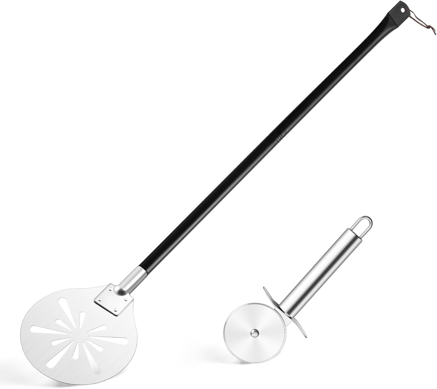 Perforated Pizza Turning Peel with Adjustable Long Handle, Leonyo 8 Inch Round Pizza Peel & Classic Cutter Wheel, Lightweight Stainless Steel Spatula Paddle for Chefs, Bakers, Homemade Oven Perforated Pizza Turning Peel with Adjustable Long Handle, Leonyo 8 Inch Round Pizza Peel & Classic Cutter Wheel, Lightweight Stainless Steel Spatula Paddle for Chefs, Bakers, Homemade Oven