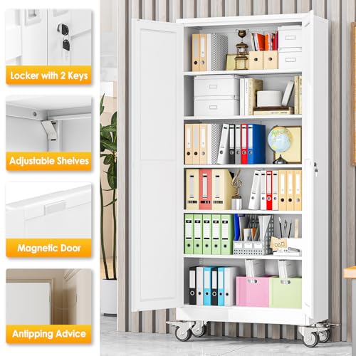 PAOFIN 75''H Metal Garage Storage Cabinet with Wheels,Steel File Cabinets with 2 Doors and 5 Adjustable Shelves for Home Office, Warehouse, Required Assembly,White - Image 6