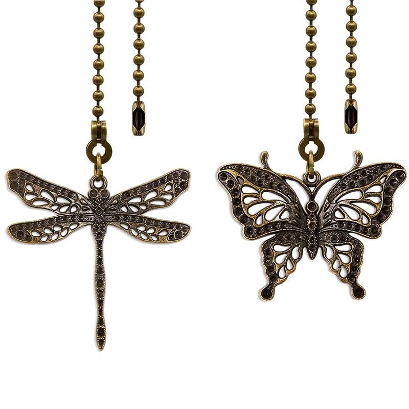 Image of 2Pcs Dragonfly and Butterfly Ceiling Fan Pull Chain, 14inch Fan Light Extender Pendant Ornaments Extension,Bronze Pull Chain
