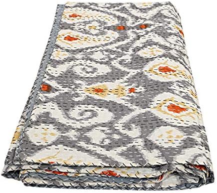 Indian-Shoppers Hippie Grey Ikat Print Kantha Stitch Bedcover Bohemian Cotton Bedspread Indian Quilts Boho Throw Queen Coverlets