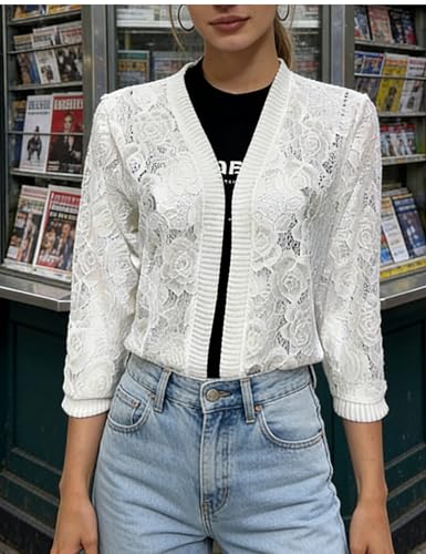 Image of FindThy Women's Casual Summer Lace Cardigan Open Front 3 /4 Sleeve Solid Lace Shrug Cover Up