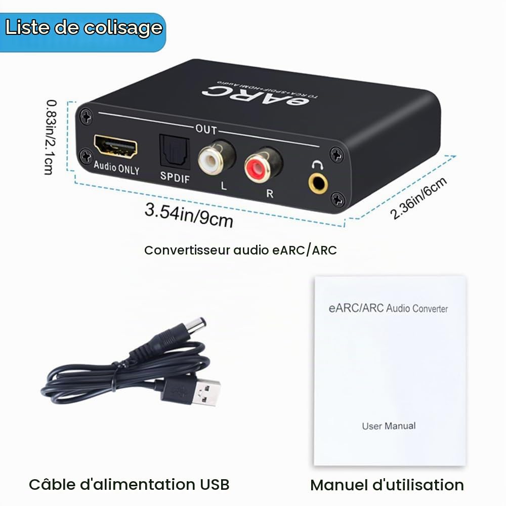 Convertisseur audio HDMI taux d'échantillonnage 24bit/192KHz, retour ARC, canaux HD 5.1 et 7.1, convertisseur audio RCA 3.5mm, supporte les entrées eARC & ARC