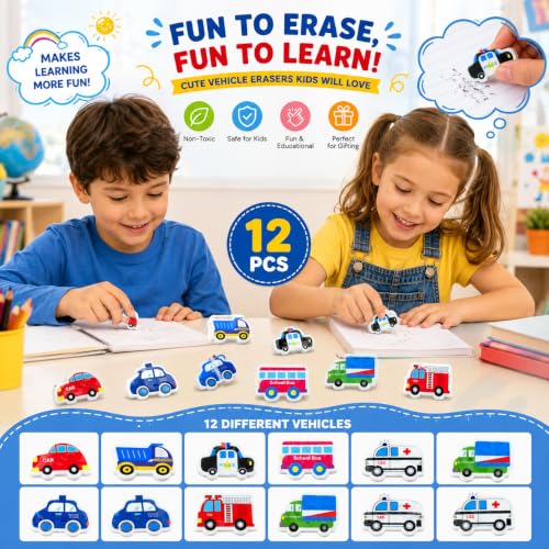 Image of Radiance 12 Pcs Vehicle Shape Eraser Set for Kids, Cartoon Car Bus Truck Police Ambulance Erasers, Non-Toxic Cute Pencil Erasers for School, Return Gifts, Birthday Party Favors (Random Design)