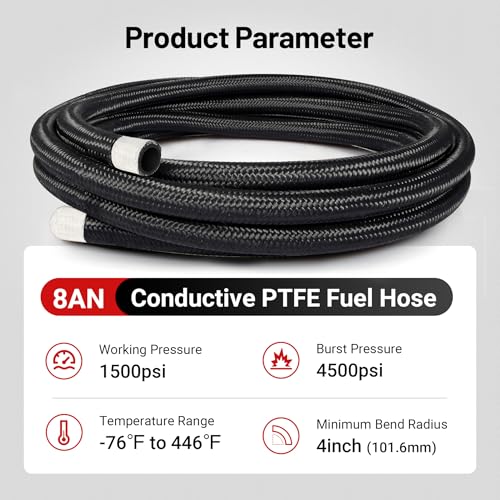 Image of EVIL ENERGY Conductive 8AN PTFE Fuel Hose E85 Nylon Braided 3 /8 ID 20FT | Leak-Free & Heat Resistant, 3-Layer Construction, Compatible with E85, Diesel, Biodiesel, Engine Oil & More Fuel Types