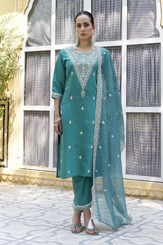 Image of VredeVogel Women's Silk Blend Embroidered Kurta with Pant & Organza Dupatta Set