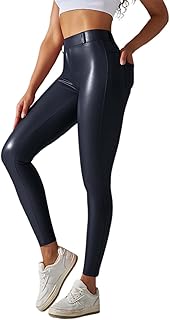 Pantalones de mujer de piel sintética con bolsillo, compresión de cintura, pantalones de yoga moldeadores con cintura alta, leggings de cintura alta