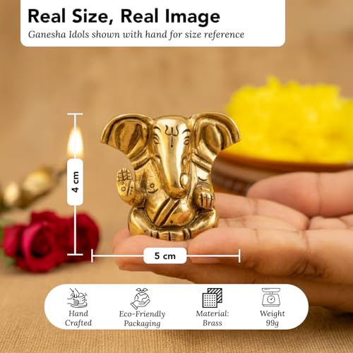Image of Ekhasa 100% Pure Brass Ganesha Idol (Size: 4 cm) | Pital Ganesh Murti for Pooja Room, Home Decor, Office Desk and Car Dashboard | Vinayagar Statue for Diwali Puja