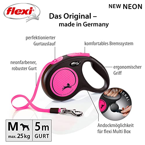 flexi® Neon M Gurt 5 m schwarz/neon-pink, Roll-Leine für Hunde bis 25 kg