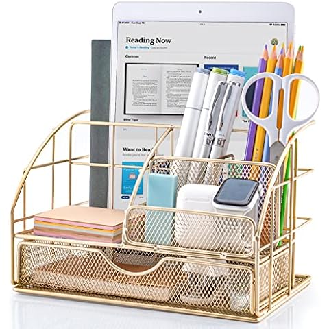 ARCOBIS Gold Desk Organizer for Women, Office Supplies Organization, Desktop Pen Holder Caddy with 5 Compartments + 1 Large Drawer | The Mesh Collection Cover