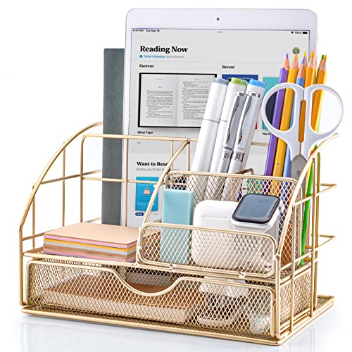 ARCOBIS Goldfarbener Schreibtisch-Organizer für Frauen, Bürobedarf, Stiftehalter mit 5 Fächern + 1 große Schublade | The Mesh Collection Cover