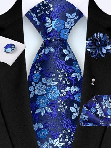 Image of GUSLESON 3.15 inch(8cm) Mens Floral Tie and Lapel Pin Necktie Hankerchief Cufflinks Set for Men