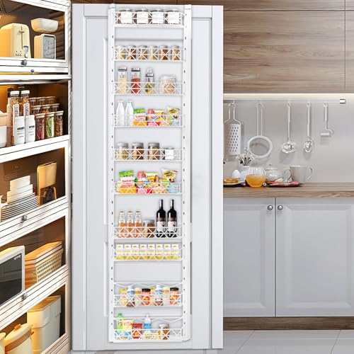 10-Tier Over-The-Door Pantry Organizer with Adjustable Baskets and Spice Rack for Home, Kitchen, Laundry, and Bathroom - White