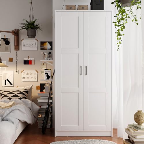 Fddevelop Fenghua Lizhi Wood White Wardrobe Closet with 2 Doors,Bedroom Freestanding Armoire Storage Cabinet with Shelves,Wooden Wardrobe Combination for Hanging Clothes