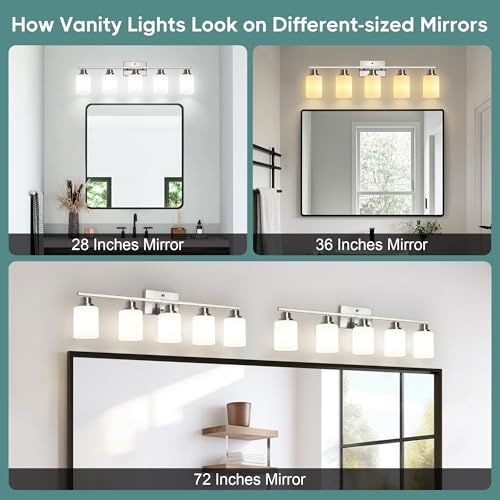 Image of Ascher Bathroom Light Fixtures, 5-Light Vanity Light Over Mirror, Brushed Nickel Wall Sconces with Milky White Frosted Glass Shades, Wall Lamp for Living Room Bedroom, E26 Base(Bulbs Not Included)