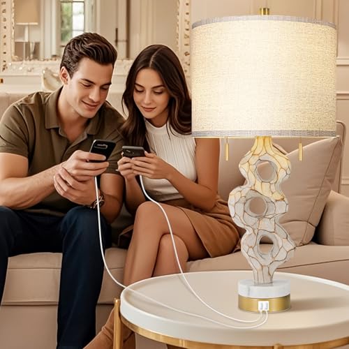 Scenekoy Sculptural Table Lamp Set of 2 for Bedroom, 26” Farmhouse Bedside Lamps for Living Room, Rustic Linen Shade Night Stand Lamp Marble Base with USB Ports for Home Decor (E26 Bulbs Included) - Image 5