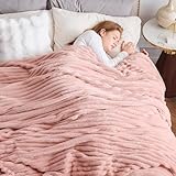 NEWCOSPLAY Super Soft Queen Blanket Pink Premium Silky Flannel Fleece 3D Ribbed Jacquard Lightweight Bed Blanket All Season Use (Pink Ribbed, Queen(90'x90'))