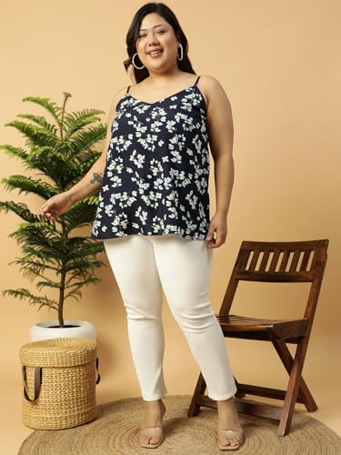 Image of Women Plus Size Navy Blue Floral Print Shoulder Strap A-line Top & Tunic 2XL /3XL /4XL /5XL /6XL /7XL /8XL