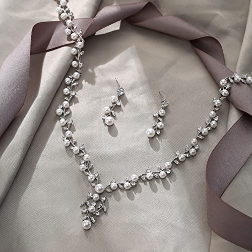 Image of White Faux Pearl Leaf Vine Bridal Cubic Zirconia Jewelry Set for Women