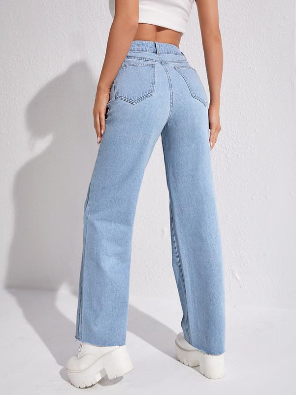 Image of DEELMO Women's High Waist Wide Leg Denim Jeans for Women | Straight Fit Full Length Casual Wear Pants