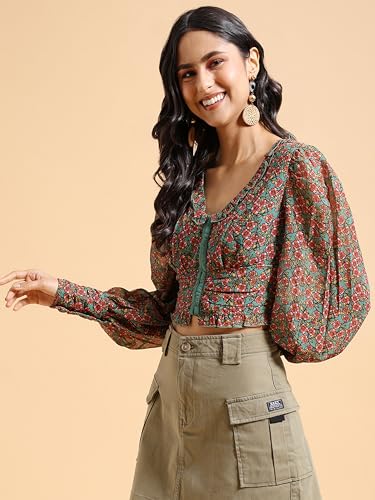 Image of Tokyo Talkies Women's Floral Printed V-Neck Top | Cuffed Sleeves | Elegant & Feminine | Perfect for Work & Casual Chic | Tops for Woman | Women Tops | Women Crop Top