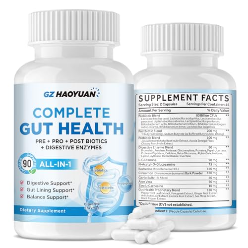 All-in-1 Gut Health with Probiotics, Prebiotics, Postbiotics & Digestive Enzymes for Women & Men, Complete Gut Health & Digestive Support Supplement, Immune Health Support, 90 Capsules