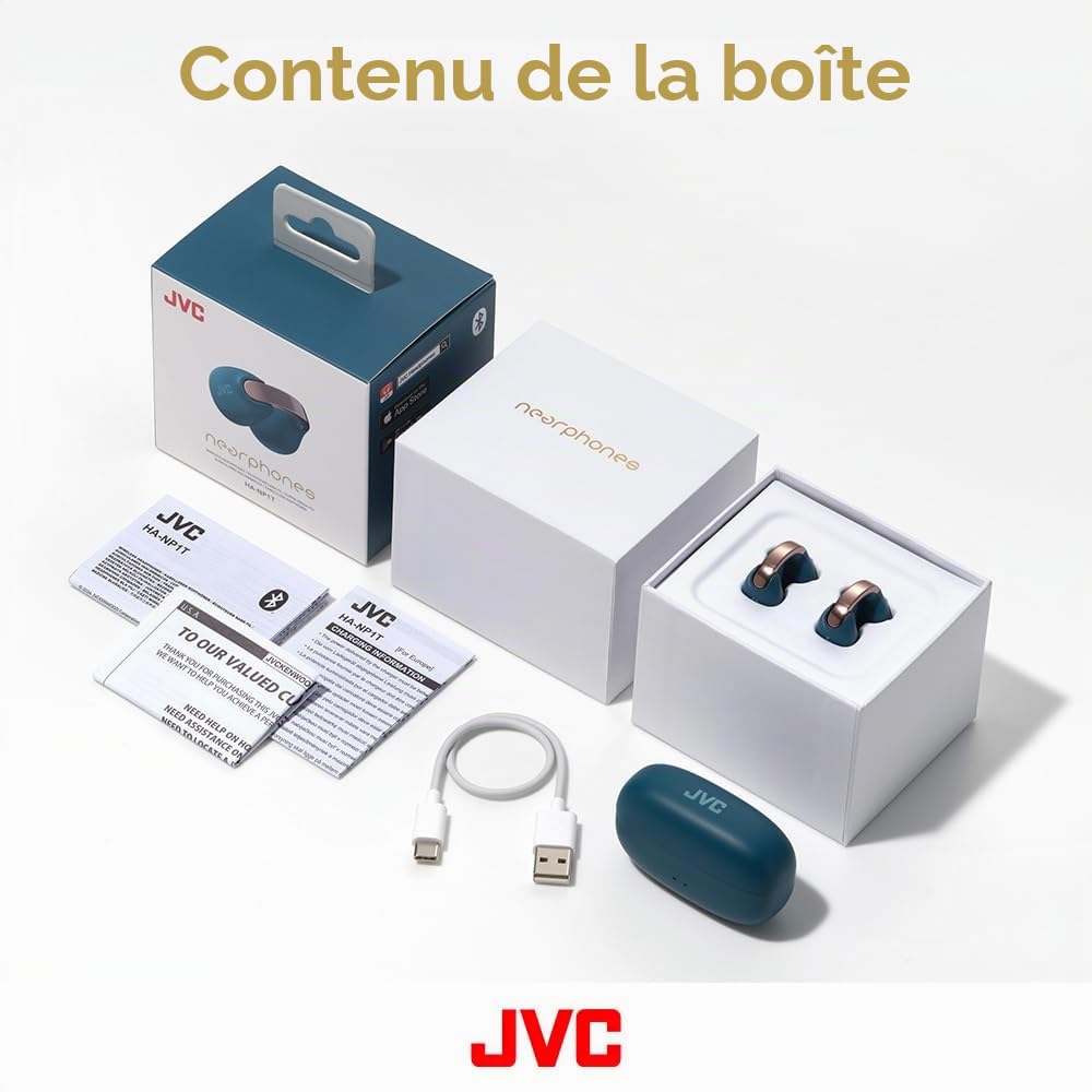 JVC nearphones Style Clip d'oreille Ecouteurs sans Fils avec Boucle Brillante, Confortables, Bluetooth 5.3, Connexion multipoints, autonomie 24H, Application dédiée - HA-NP1T-B (Noir Charbon)