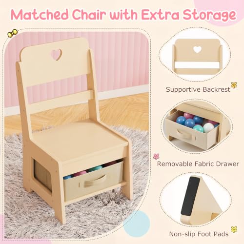 Image of Costzon Kids Vanity, Girls Vanity Set with Lighted Mirror, Bookshelf, Jewelry Storage, Toddler Makeup Vanity Desk Dressing Table, Wooden Kids Vanity Table and Chair Set (Natural)