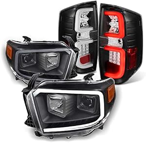 AKKON - For 2014-2021 Toyota Tundra Light Tube Black Bezel Projector Headlights + LED Tube Tail Lamp