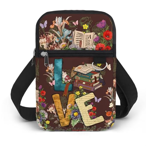 84hoods Crossbody Phone Bag with Adjustable Long Strap. Gift for Book Lovers and Librarian. Small Waterproof Cell Phone Purse for Women. Love Books.